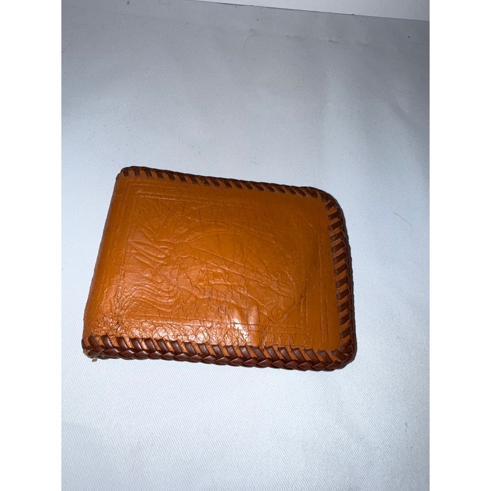 Vintage Hand Tooled Leather Bifold Wallet Western Cowboy Whipstitch Brown
